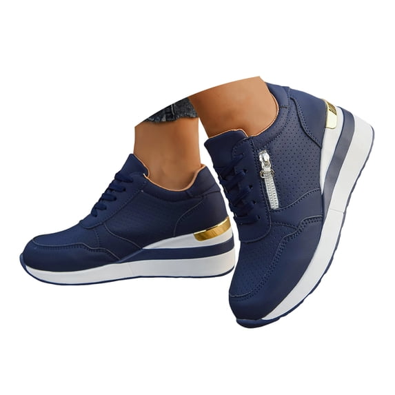 Pandaie Womens Wedges Sneakers Casual Platform PU Leather Walking Shoes Fashion Mesh Breathable Shoe Comfortable Non Slip Footwear Blue 6.5