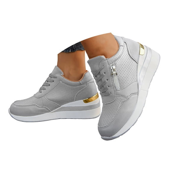 Pandaie Womens Wedges Sneakers Casual Platform PU Leather Walking Shoes Fashion Mesh Breathable Shoe Comfortable Non Slip Footwear Grey 7
