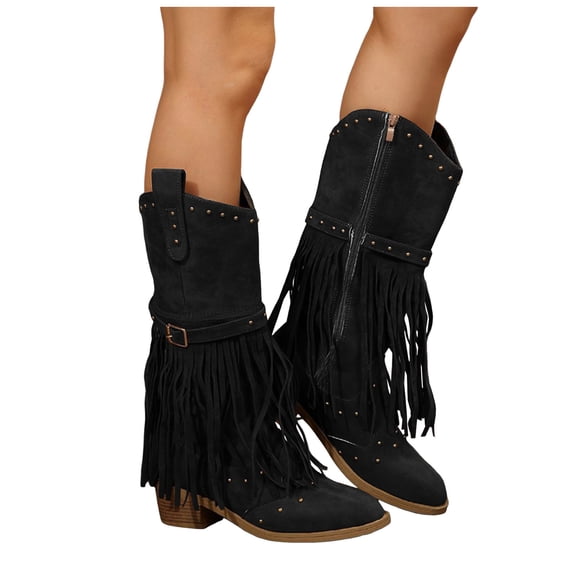 Pandaie Womens Western Cowboy Boots Fringe Tassel Side Zipper Block Heel Wide Mid Calf Booties Suede Casual Country Concerts Dress Boots Black 6.5