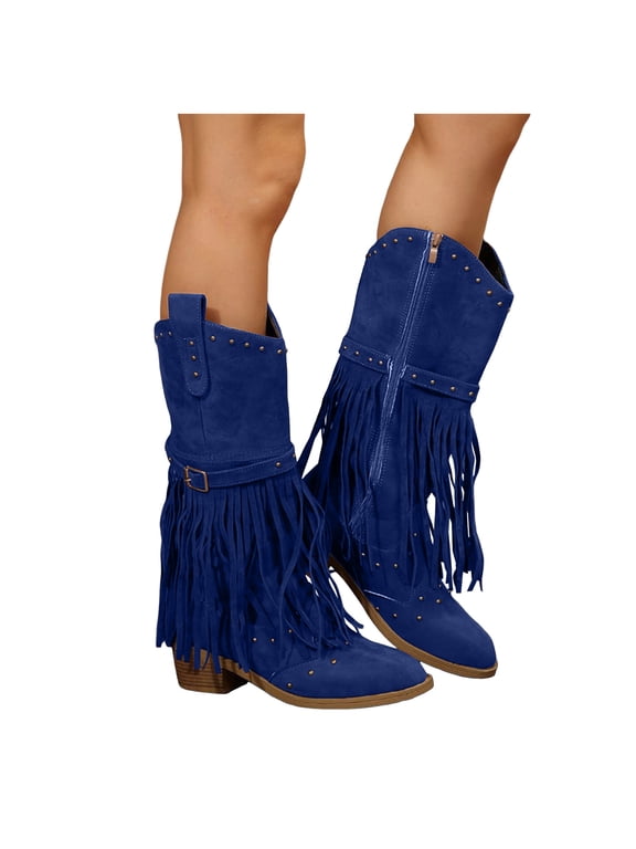 Womens Western Cowboy Boots Fringe Tassel Side Zipper Block Heel Wide Mid Calf Booties Suede Casual Country Concerts Dress Boots Blue 8