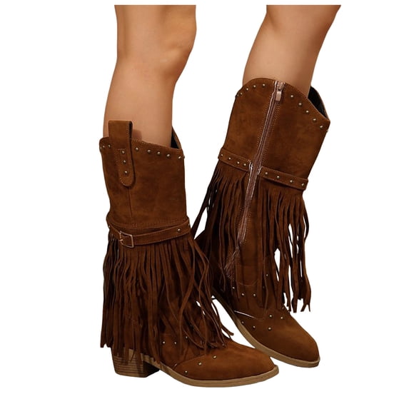 Pandaie Womens Western Cowboy Boots Fringe Tassel Side Zipper Block Heel Wide Mid Calf Booties Suede Casual Country Concerts Dress Boots Brown 6.5