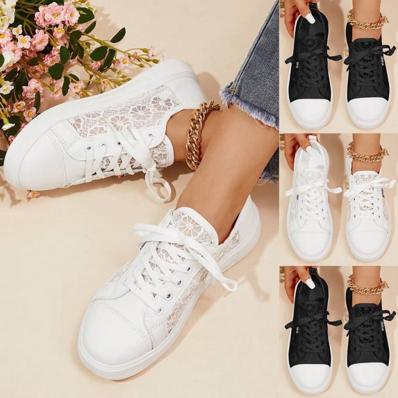Pandaie Womens White Tennis Shoes Mesh Low Top Fashion Canvas Leather Sneakers Women Cute Flower Embroidered Lace Walking Shoes Black 6.5