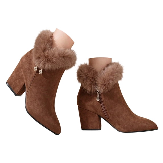 Pandaie Womens Winter Ankle Booties Suede Fuzzy Cuff Warm Snow Boots with Side Zipper Block High Heel Rhinestone Dress Boot Size 6‑9.5