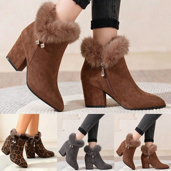 Pandaie Womens Winter Ankle Booties Suede Fuzzy Cuff Warm Snow Boots with Side Zipper Block High Heel Rhinestone Dress Boot Size 6‑9.5