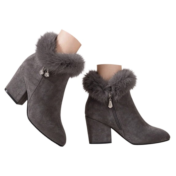 Pandaie Womens Winter Ankle Booties Suede Fuzzy Cuff Warm Snow Boots with Side Zipper Block High Heel Rhinestone Dress Boot Size 6‑9.5