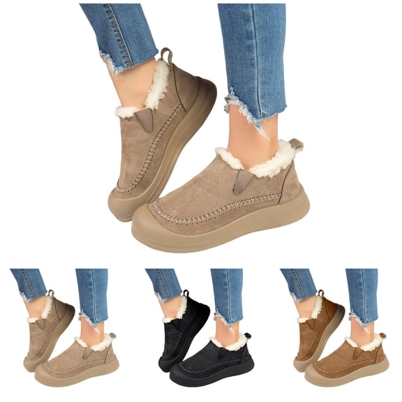 Pandaie Womens Winter Boots Fleece Lined Slip on House Shoes Fuzzy Plush Indoor Outdoor Walking Snow Booties with Arch Support Black 6