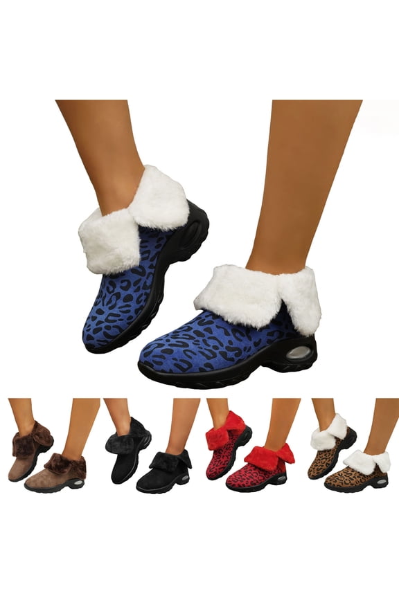 Womens Winter Snow Boots Air Cushion Wide Calf Ankle Booties Suede Leopard Arch Support Outdoor Walking Slip on Shoes Black 6