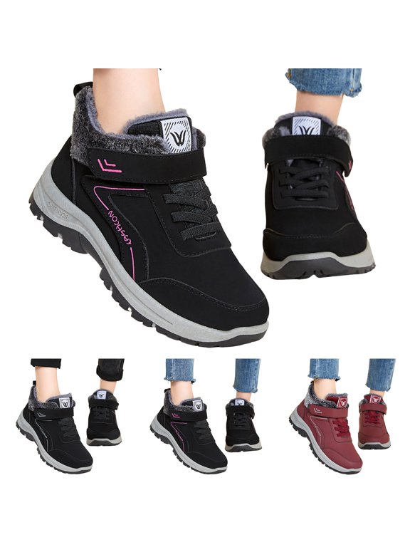 Womens Winter Snow Boots Ladies Warm Furry Lined Ankle Booties Waterproof Arch Support Outdoor Hiking Shoes with Hook Loop Black 6.5