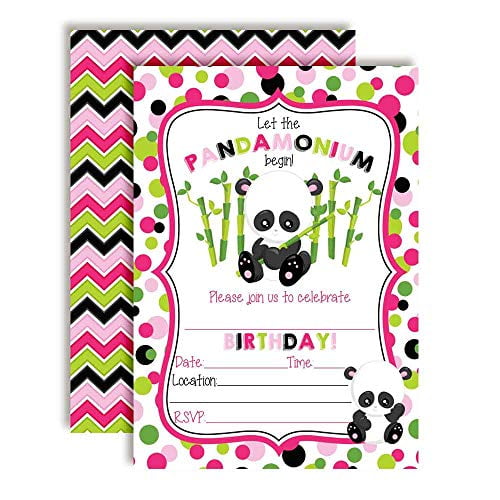 Pandamonium Pink Panda Bear Themed Birthday Party Invitations