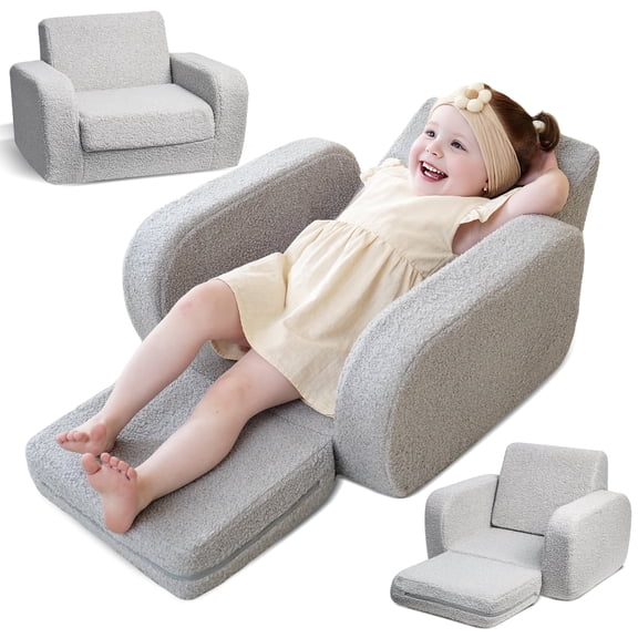 Pandapop 3-in-1 Toddler Couch and Chair, Fold-Out Kids Sofa Bed, Gray