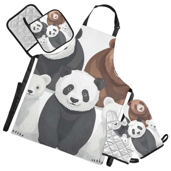 Pandas Brown Bear Polar Bears Cute Apron Set with Oven Mitts Pot Holders Set of 5 Kitchen Stuff Accessories