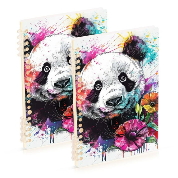 Pandas Colorful Flowers Ring Binder Notebook Journey Note Diary College Ruled Spiral Notebook Study Loose Leaf Paper A5 60 Pages