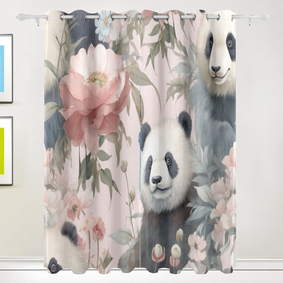 Pandas Flowers Floral Leaves Bear Black Out Curtains 84 Inch Length Curtains for Sliding Glass Doors Bedroom Living Room 2 Pack