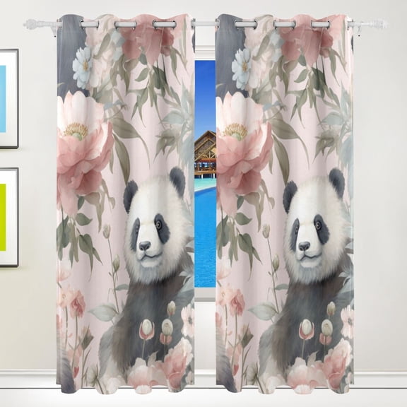 Pandas Flowers Floral Leaves Bear Black Out Curtains 84 Inch Length for Bedroom Living Room Windows 2 Panels Set