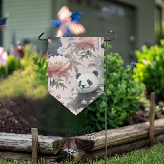 Pandas Flowers Floral Leaves Bear Garden Flag 18" x 12.5" Double Sided Yard Lawn Outdoor Decor Small Yard Flags