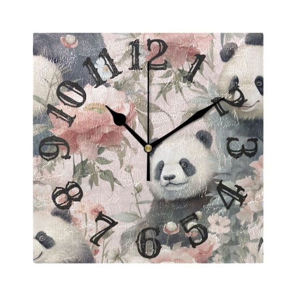 Pandas Flowers Floral Leaves Bear Wall Clock Square Silent Non Ticking Battery Operated Clock for Home Bathroom Kitchen Bedroom Living Room