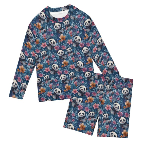 Pandas Frolicking Pattern Boys' Bathing Suit UPF 50+ Boys' Rash Guard Sets Stretchy Quick Dry 3T-10T