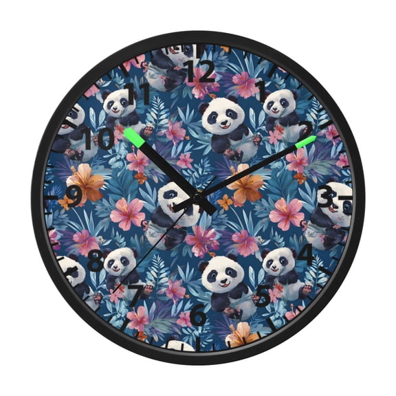 Pandas Frolicking Pattern Wall Clock 12 Inch Voice Activated Night Light Silent Non Ticking