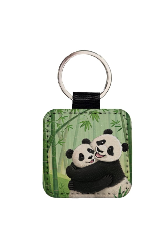 Pandas Hug Love Anniversary Faux Leather Square Keychain