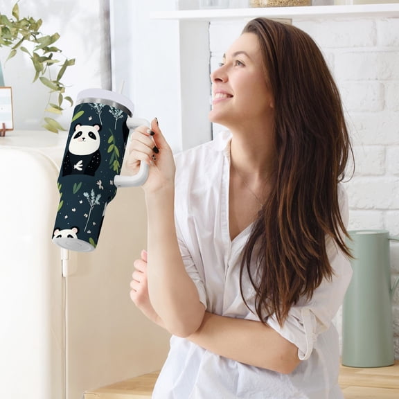 Pandas Leaves 40 oz Tumbler Insulated Travel Mug Leak Proof Water Bottles Glasses Fits in Car Cup Holder