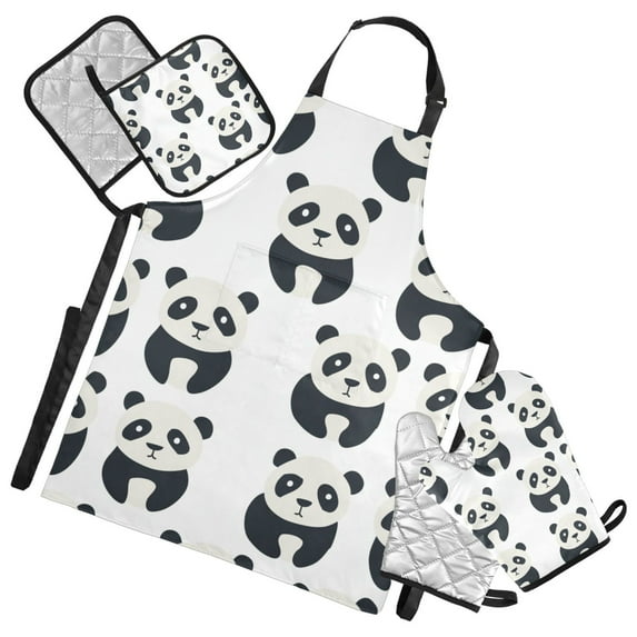 Pandas Silhouette 5 Pcs Kitchen Set Heat Resistant Oven Mitts and Non-Slip Pot Holders with Adjustable Cooking Apron