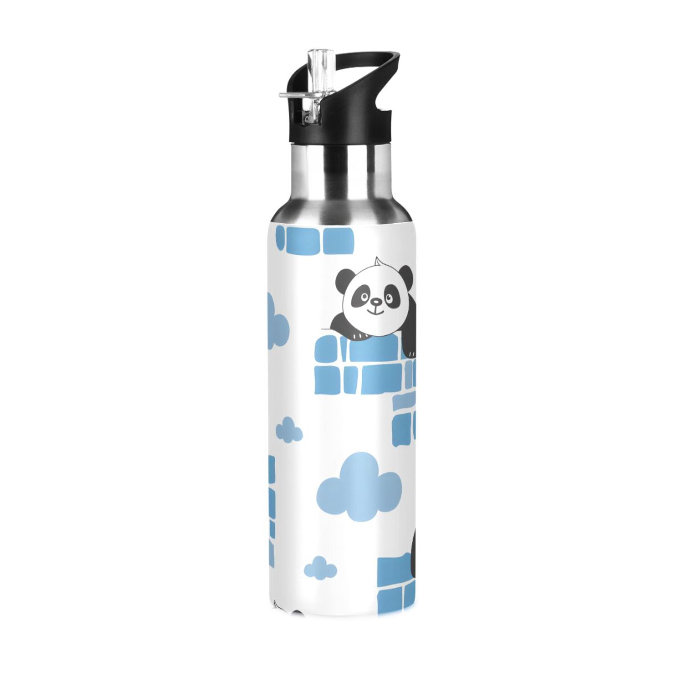 Pandas in Walls Clouds Sports Water Bottle with Straw Lid Insulated Stainless Steel Leak Proof BPA Free Thermal Mug with Handle for Gym Yoga Cycling Camping