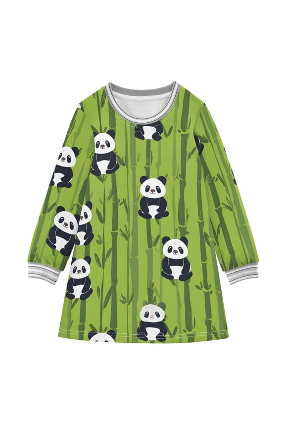 Pandas on Bamboo Girls'long-sleeved dress Thickened A-dress Warm Dress Basic Shirt Party Dresses