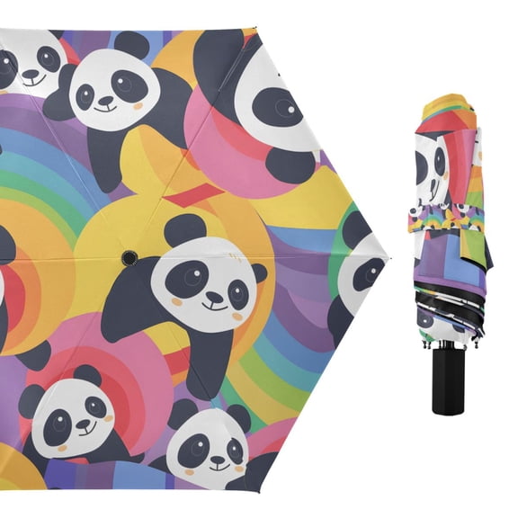 Pandas with Rainbow Compact Sun Umbrella Windproof Travel Umbrellas for Rain Strong Portable UV Protection