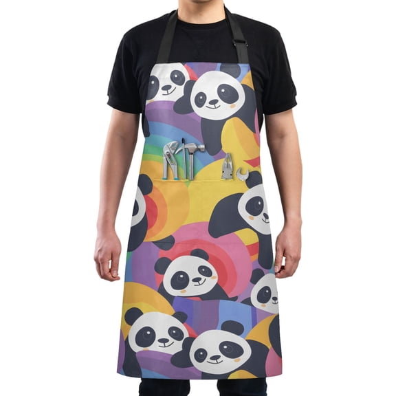 Pandas with Rainbow Kitchen Apron with 2 Pockets Adjustable waterproof Cooking Aprons for Women Men Chef