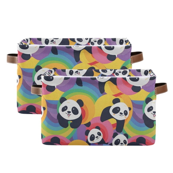 Pandas with Rainbow Storage Bins with Handle Fabric Organizer Basket Foldable Box 2 Pack 14.2x10.2x8.3
