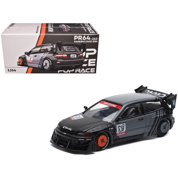 Pandem Civic EG6 RHD (Right Hand Drive) "Kanjozoku" Matt Black and Gray with Graphics 1/64 Die Cast Model Car by Pop Race