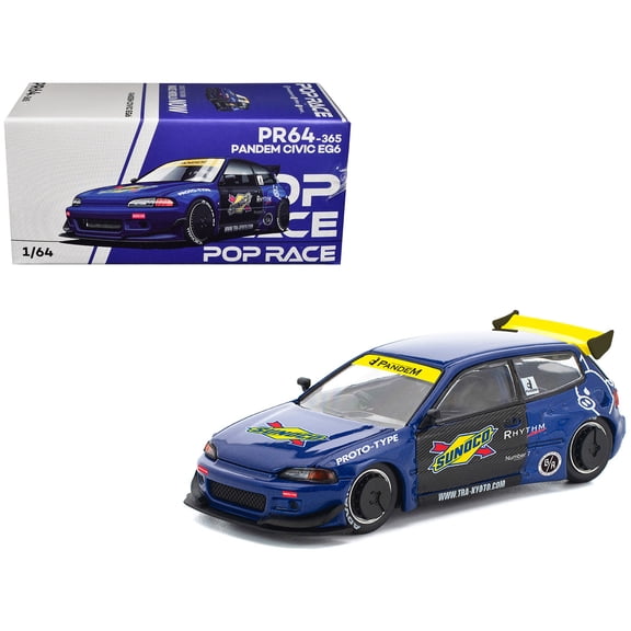 Pandem Civic EG6 RHD (Right Hand Drive) "Sunoco" Blue Metallic with Yellow Accents 1/64 Diecast Model Car by Pop Race