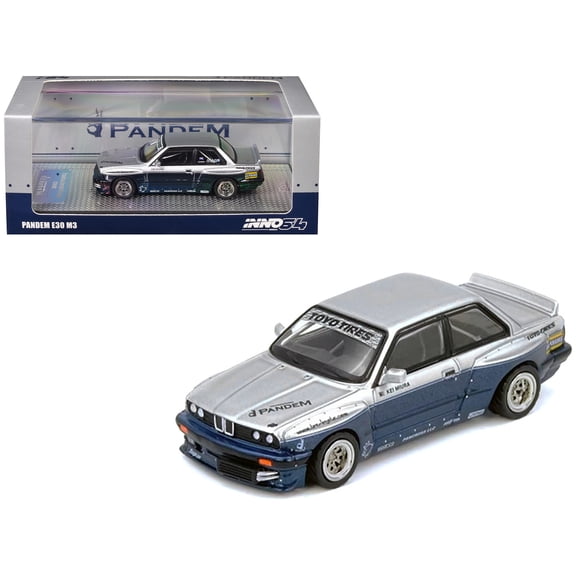 Pandem E30 M3 Silver Metallic and Dark Blue 1/64 Diecast Model Car by Inno Models