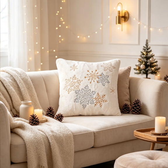 Pandiboks 18x18in Decorative Pillow Covers Christmas Couch Pillow Covers White Square Polyester Snowflake for Family Room、Outdoor