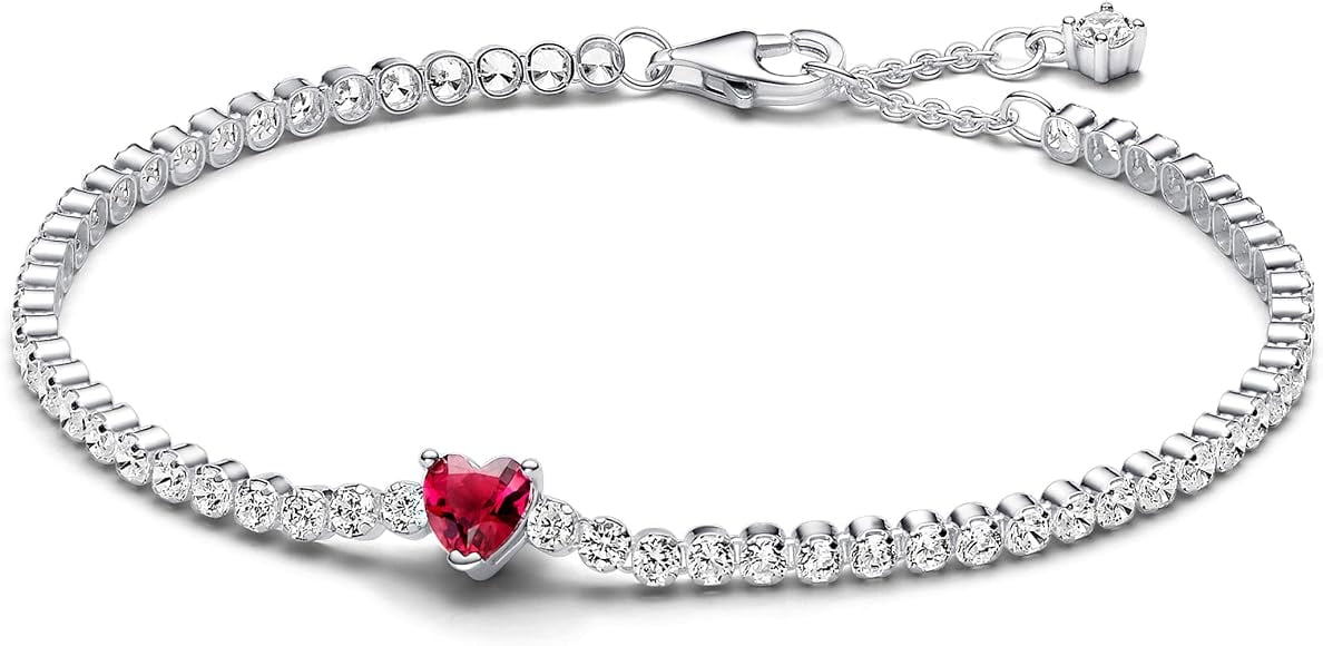 PANDORA Red Sparkling Heart Tennis Bracelet, Sterling Silver,