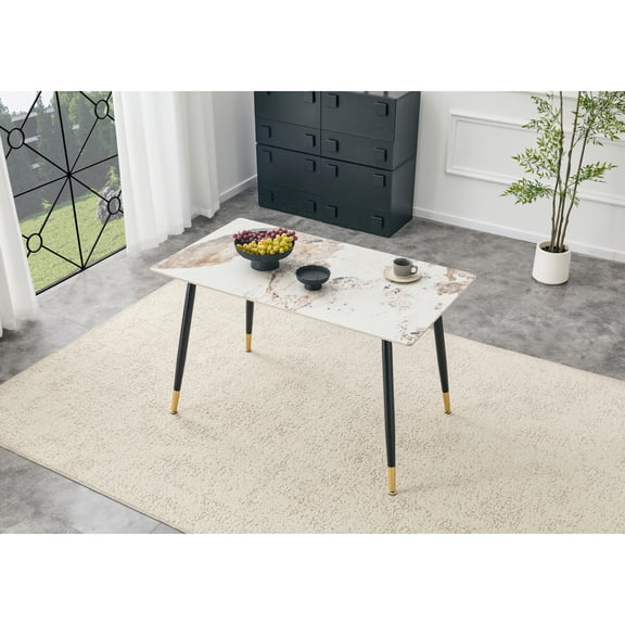 Pandora Beige Modern Rectangular Dining Table with Premium Sintered Stone Top and Sturdy Metal Base, Heat-Resistant Scratch-Resistant Kitchen Table for Dining Room,Living Room,Easy Assembly