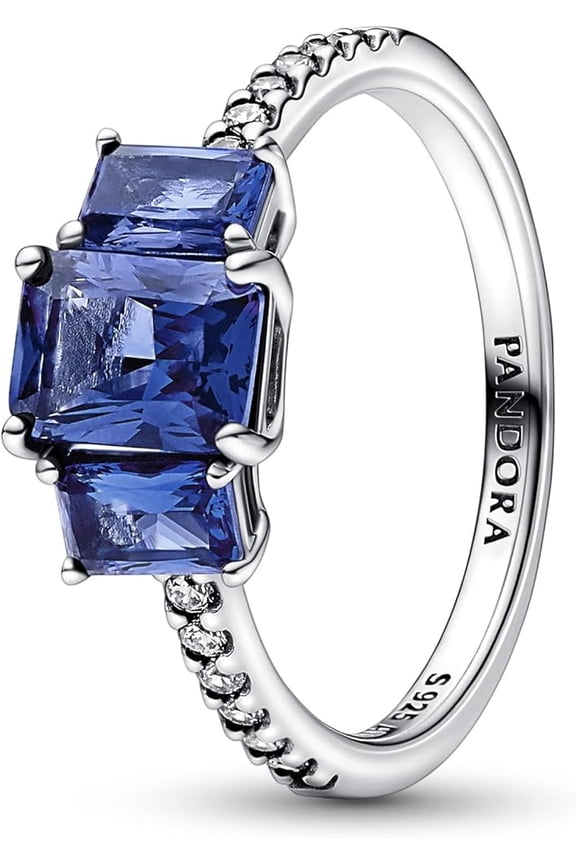 Blue Rectangular Three Stone Sparkling Ring