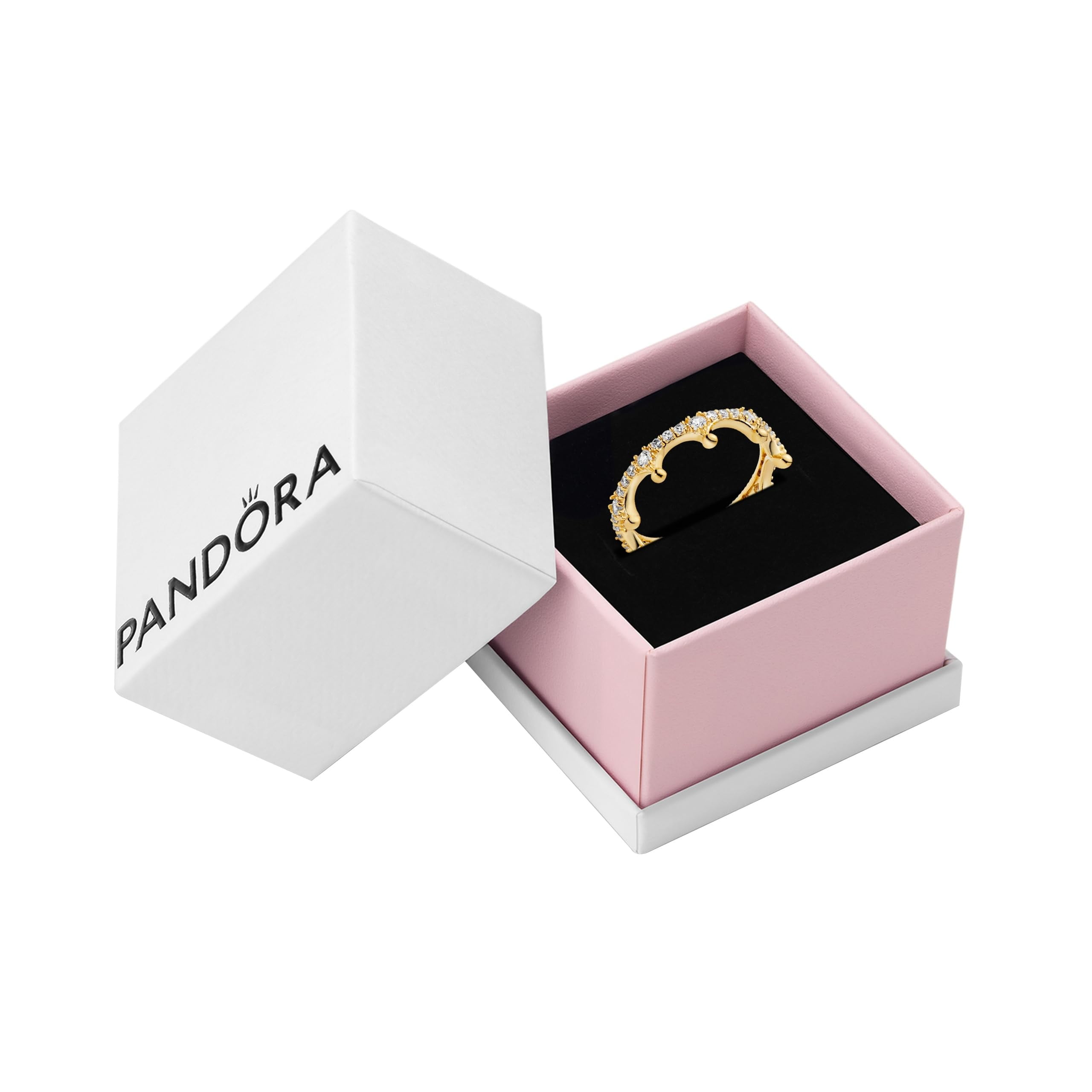 PANDORA Clear Sparkling Crown - Gift for Her - Stackable Gold Ring for Women - 14k Gold-Plated Shine with Cubic Zirconia - Size 7, With Gift Box