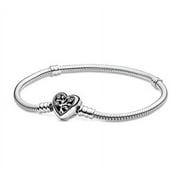 Pandora Jewelry Heart Clasp Snake Chain Cubic Zirconia and Black Enamel Bracelet in Sterling Silver, 7.1"