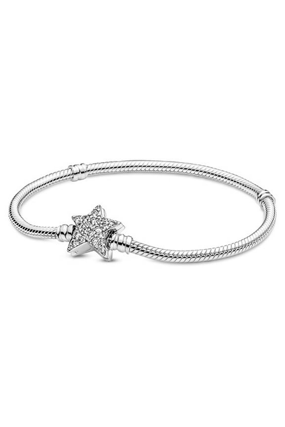 Moments Asymmetric Star Clasp Snake Chain Bracelet - Charm Bracelet for Women - Gift for Her - Sterling Silver with Clear Cubic Zirconia - 7.1"