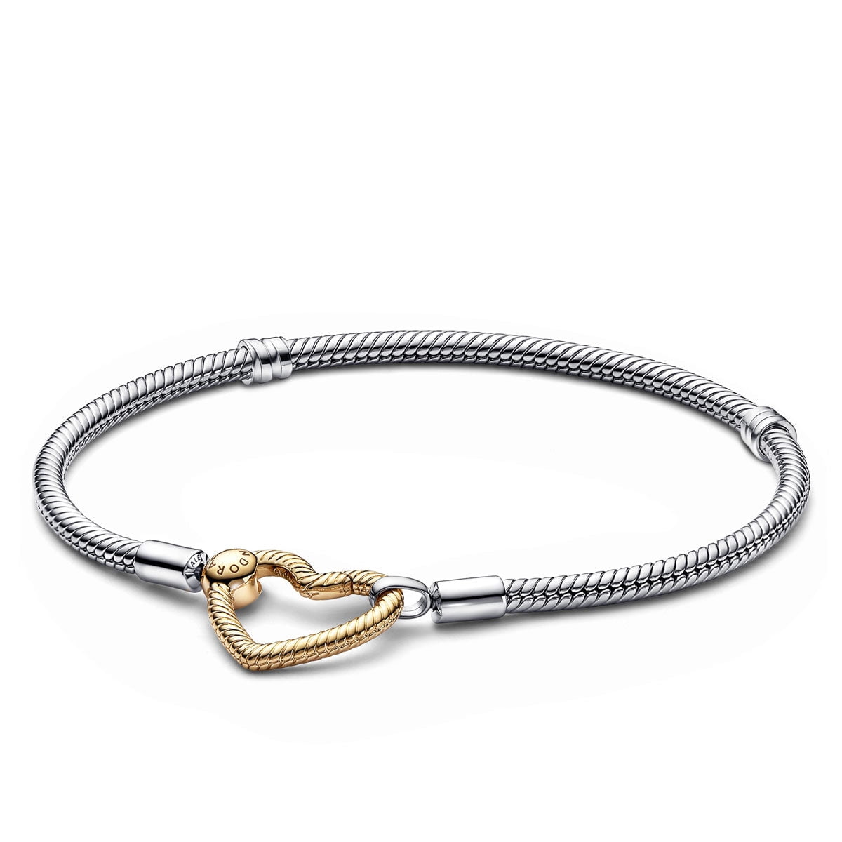 Pandora Moments Heart Closure Snake Chain Bracelet Gold X Silver 7.5 inch With Gift Box
