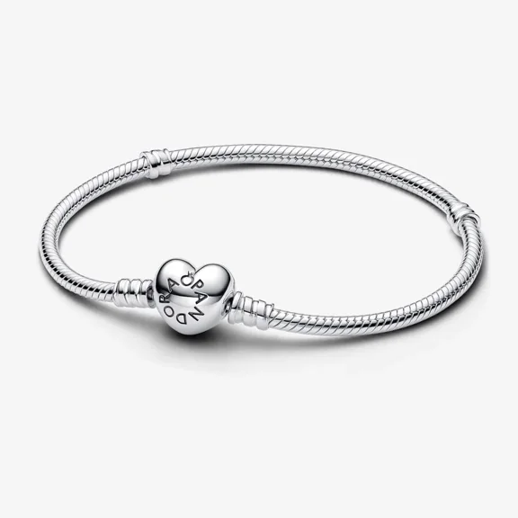 Pandora Moments Women's Sterling Silver Snake Chain Charm Bracelet with Heart Clasp