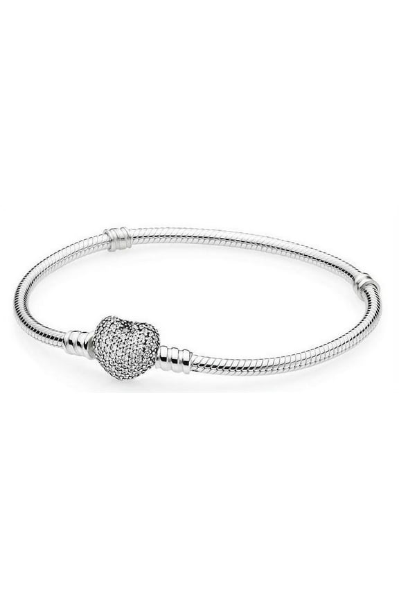 Moments Women's Sterling Silver Snake Chain Charm Bracelet with Pave Heart Clasp