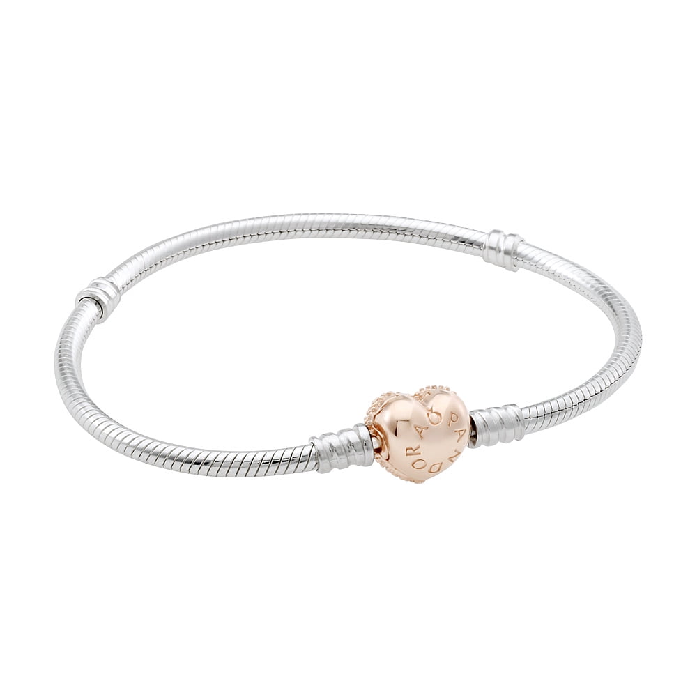 Pandora Moments Women's Sterling Silver Snake Chain Charm Bracelet with Pave Heart Clasp