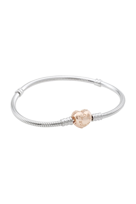 Moments Women's Sterling Silver Snake Chain Charm Bracelet with Pave Heart Clasp