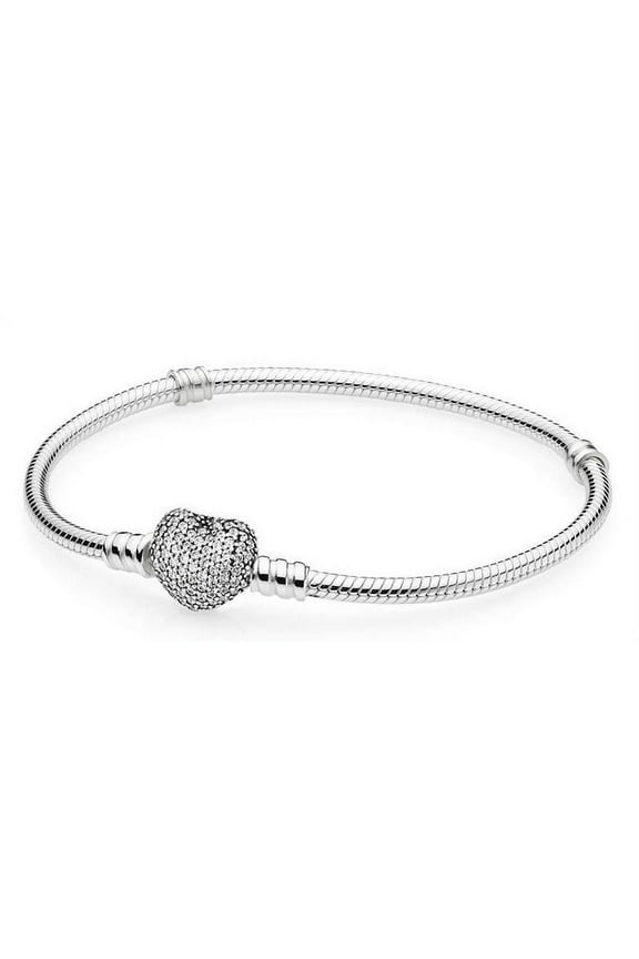 Moments Women's Sterling Silver Snake Chain Charm Bracelet with Pave Heart Clasp