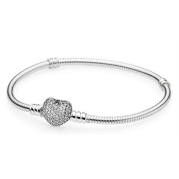 Pandora Moments Women's Sterling Silver Snake Chain Charm Bracelet with Pave Heart Clasp