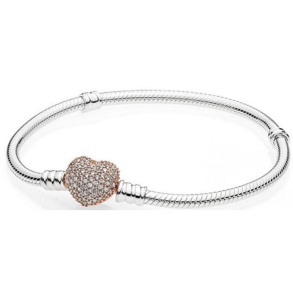 Pandora Moments Women's Sterling Silver Snake Chain Charm Bracelet with Pave Heart Clasp