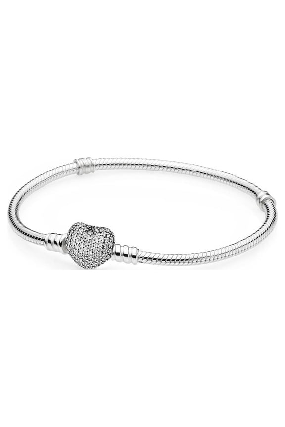 Moments Women's Sterling Silver Snake Chain Charm Bracelet with Pave Heart Clasp