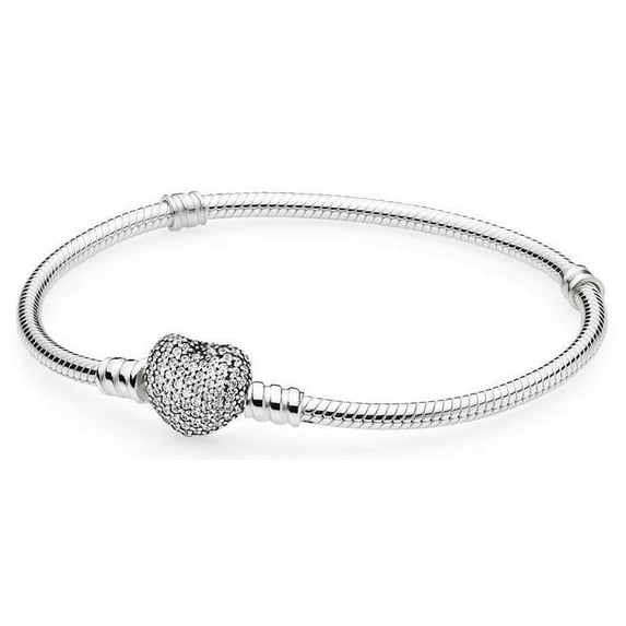 Pandora Moments Women's Sterling Silver Snake Chain Charm Bracelet with Pave Heart Clasp